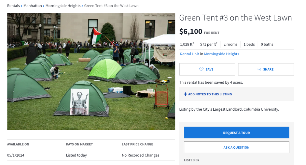 Columbia University Lists Protesters’ Tents on Streeteasy